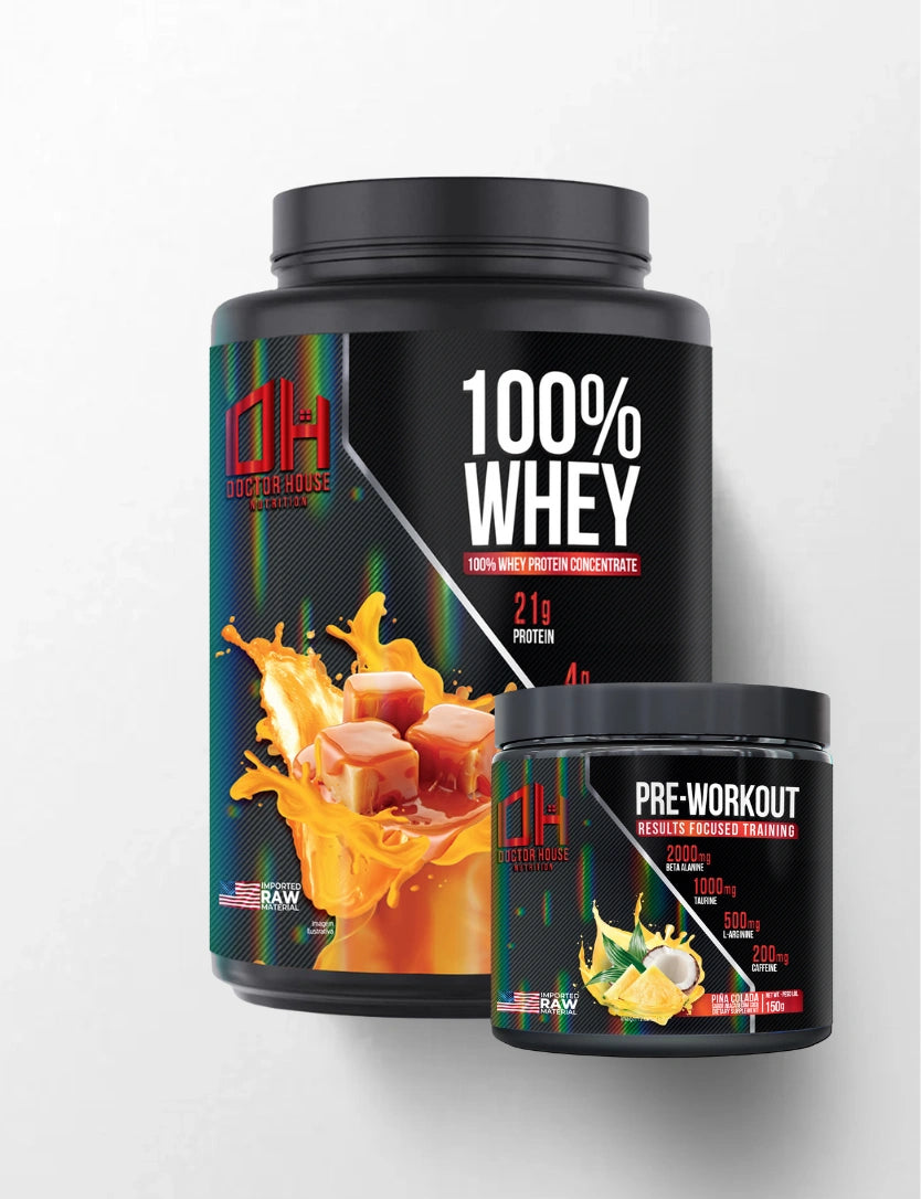 1 whey 100% concentrado + 1 Pré-treino