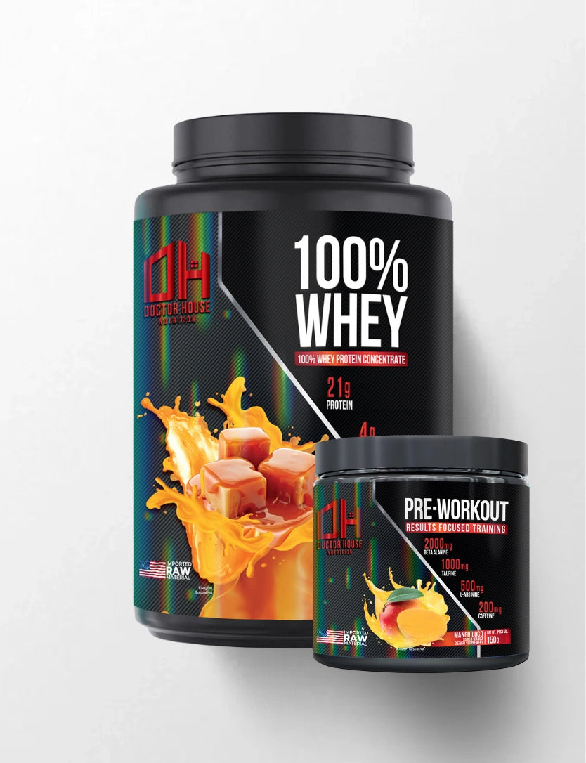 1 whey 100% concentrado + 1 Pré-treino