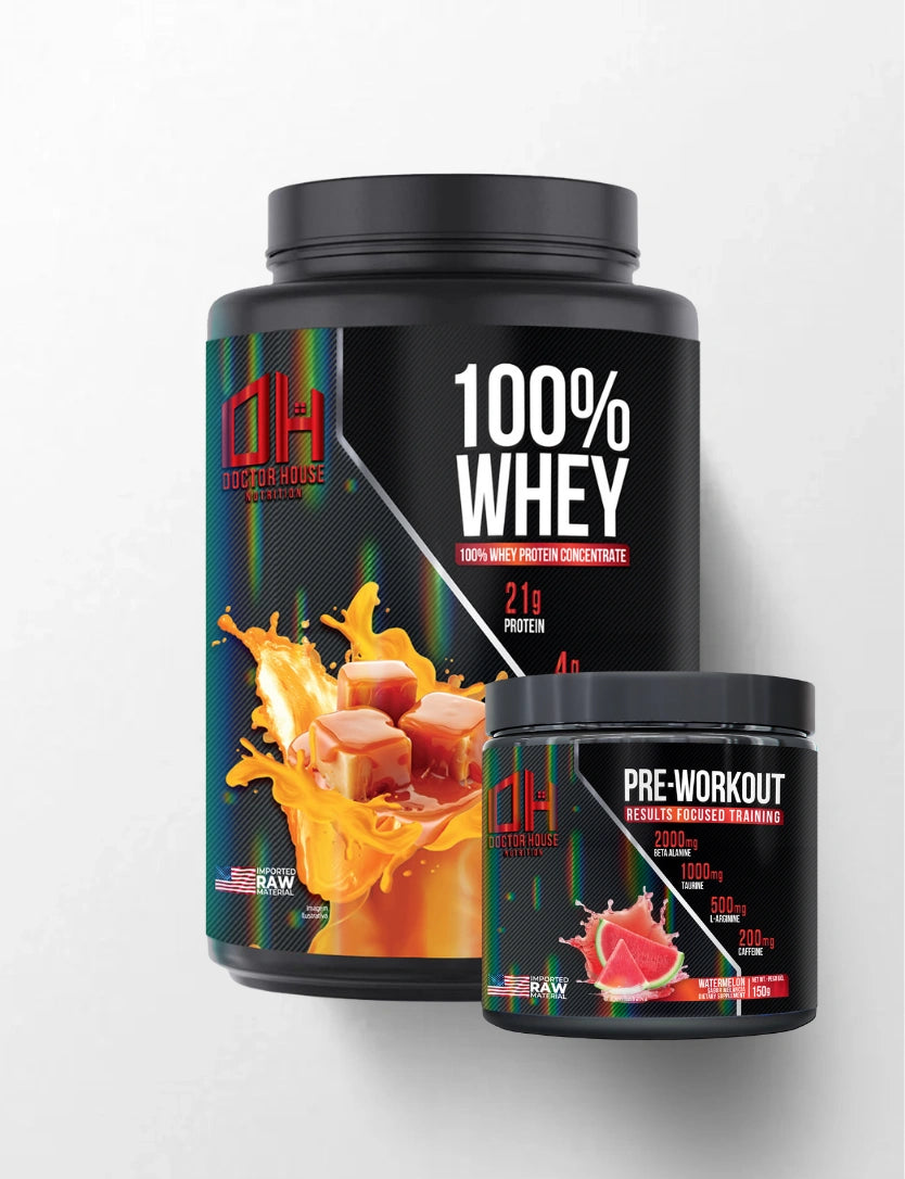 1 whey 100% concentrado + 1 Pré-treino