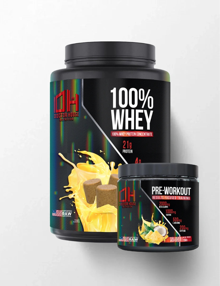 1 whey 100% concentrado + 1 Pré-treino