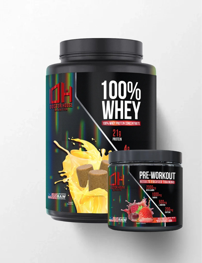 1 whey 100% concentrado + 1 Pré-treino
