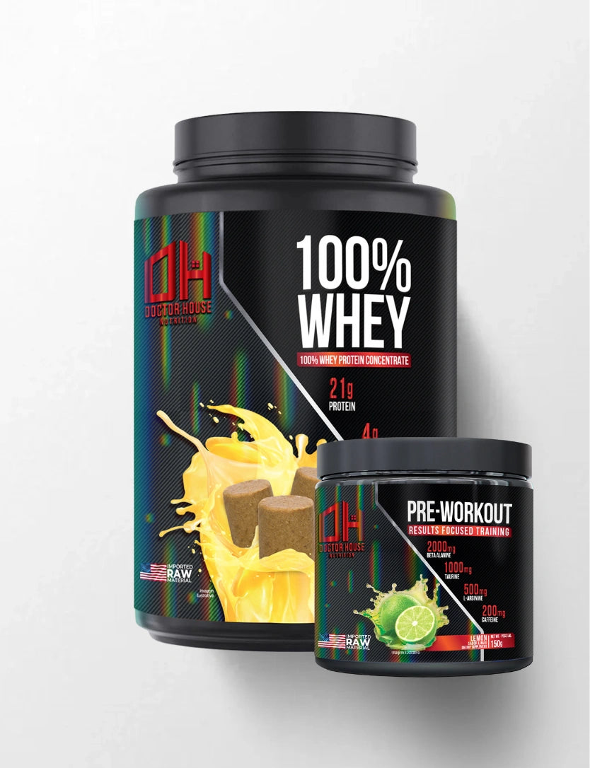 1 whey 100% concentrado + 1 Pré-treino