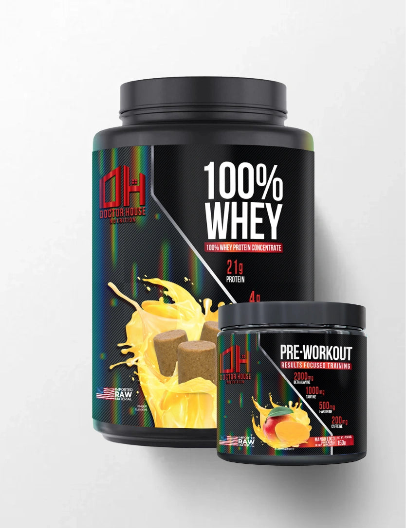1 whey 100% concentrado + 1 Pré-treino