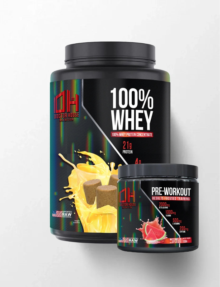 1 whey 100% concentrado + 1 Pré-treino