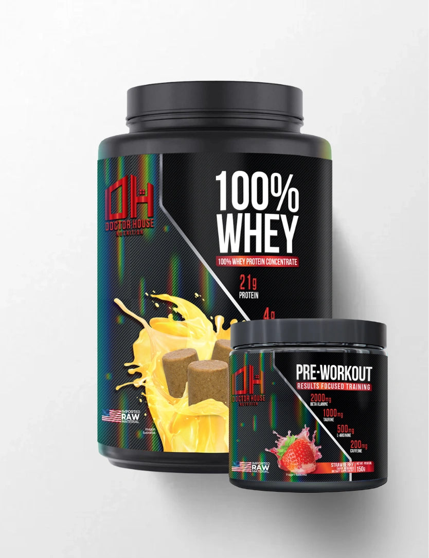 1 whey 100% concentrado + 1 Pré-treino