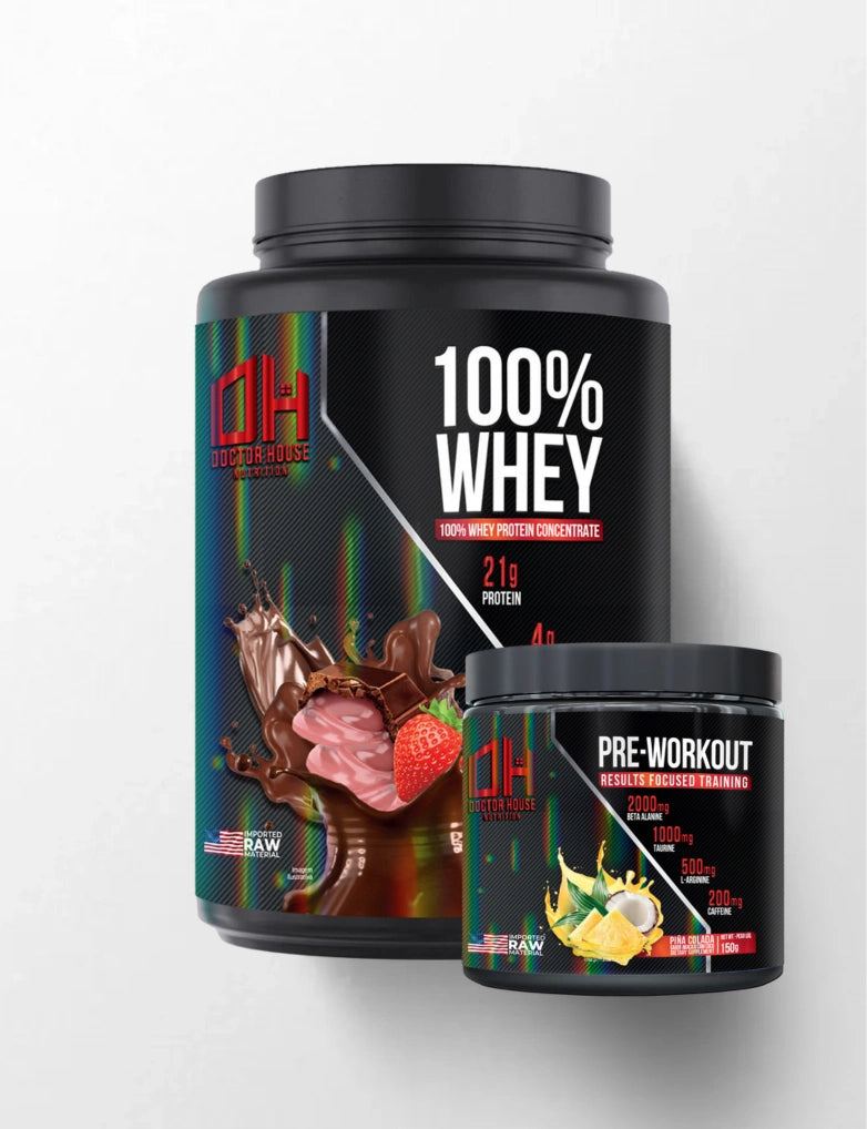 1 whey 100% concentrado + 1 Pré-treino