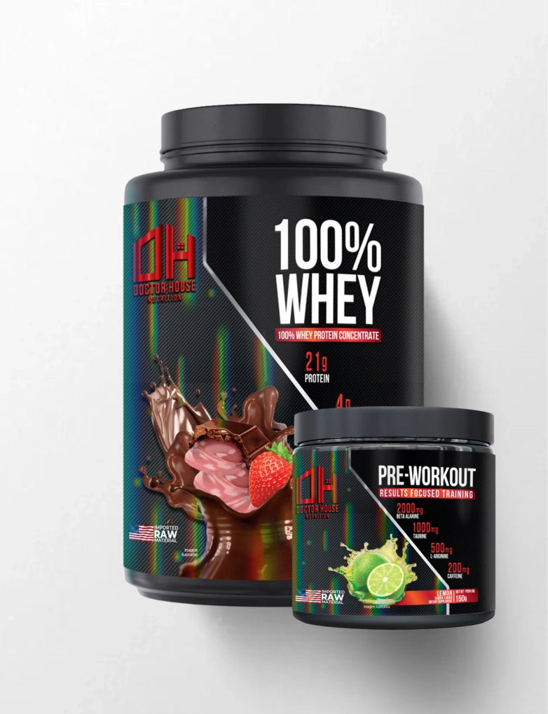 1 whey 100% concentrado + 1 Pré-treino