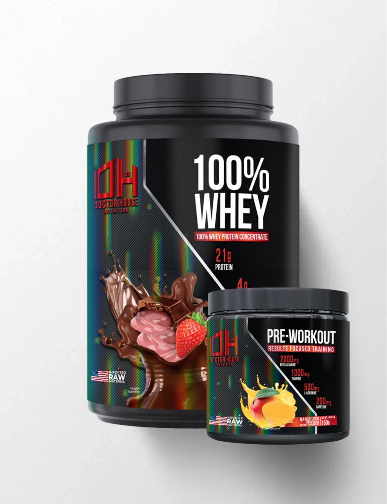 1 whey 100% concentrado + 1 Pré-treino
