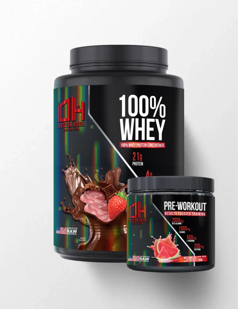 1 whey 100% concentrado + 1 Pré-treino