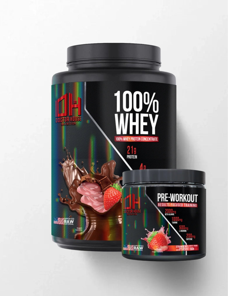 1 whey 100% concentrado + 1 Pré-treino