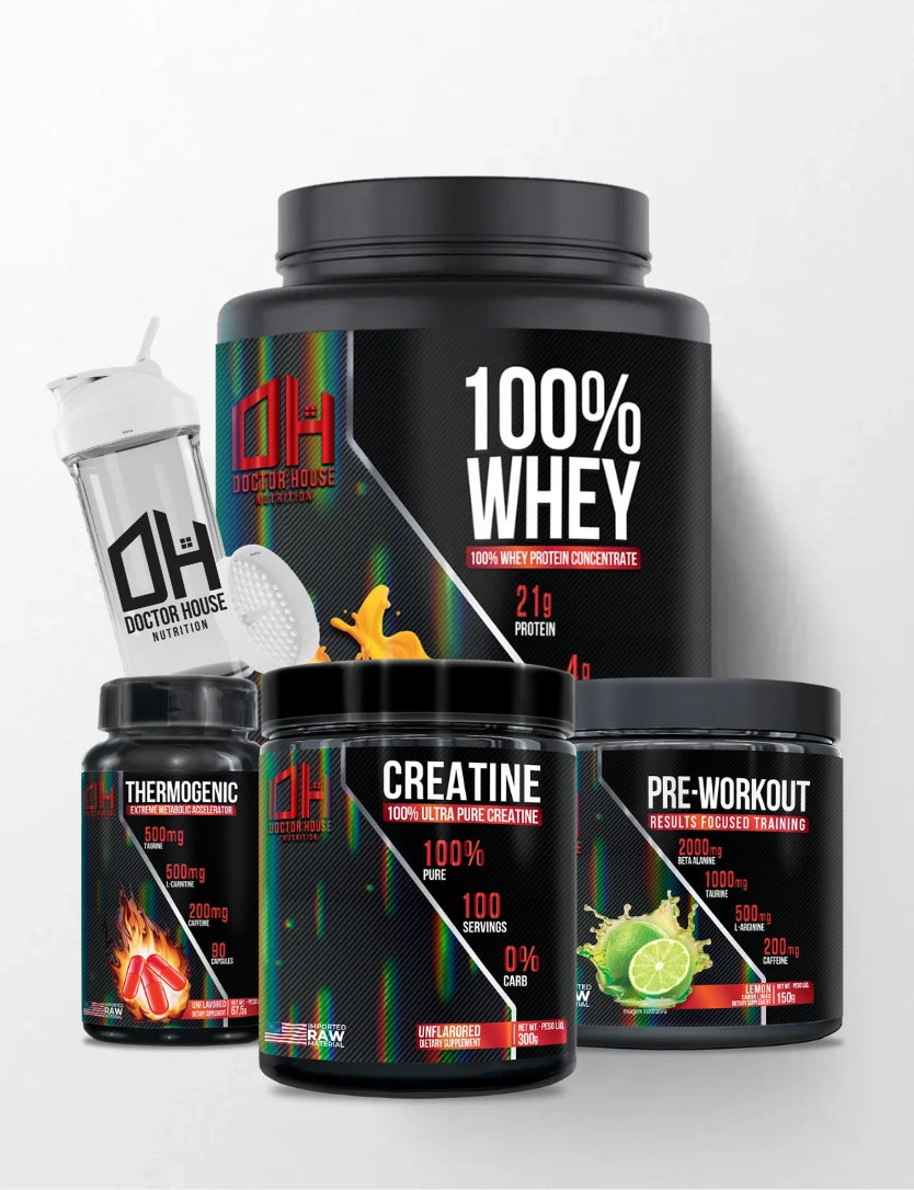 MEGA COMBO - 1 Whey + 1 Creatina + 1 Termogênico + 1 Pré treino + Camisa e coqueteleira de Brinde